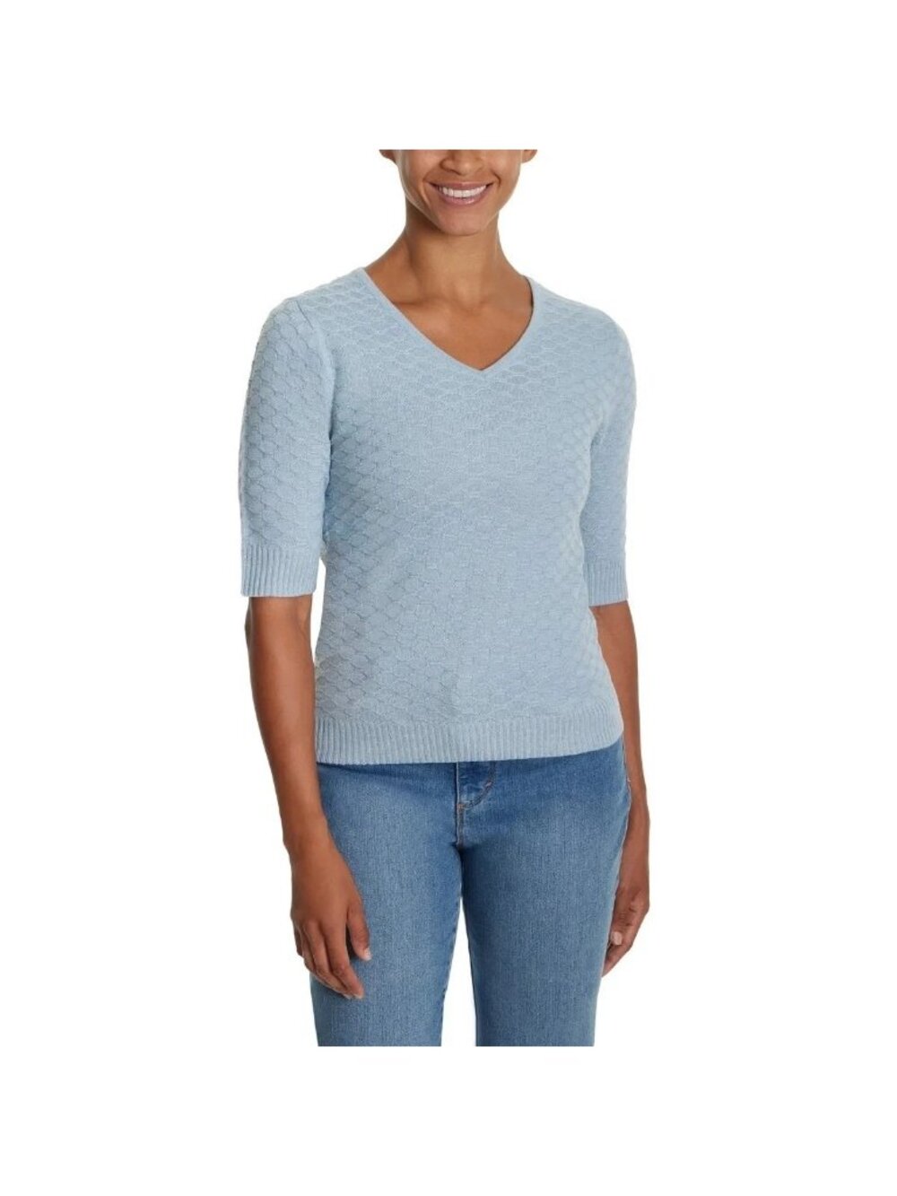 NWT Ella Moss Women's XL Textured Light Blue V-Neck Pullover Knit Top J1987